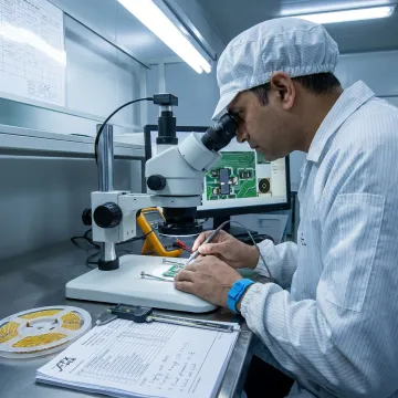 Engineer inspecting communication PCB production