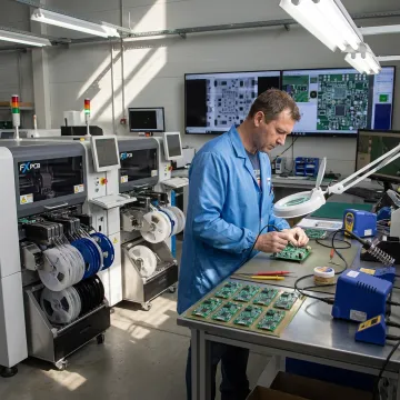 Technician inspecting PCB assemblies during production