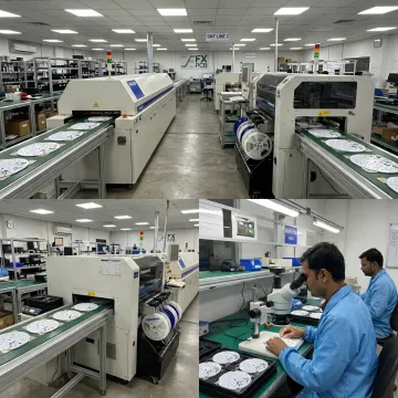 PCB manufacturing line with assembled circuit boards