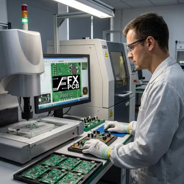 Technician inspecting assembled circuit boards