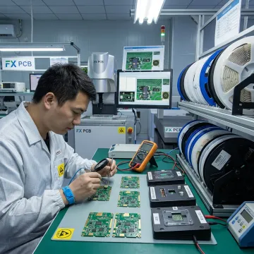 Technician inspecting RoHS-compliant PCB assembly