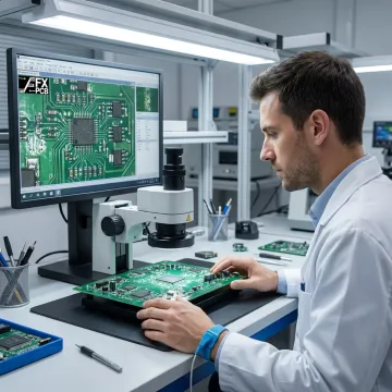 Technician applying conformal coating to circuit board