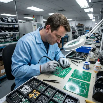 Emergency PCB assembly technician inspecting prototype boards