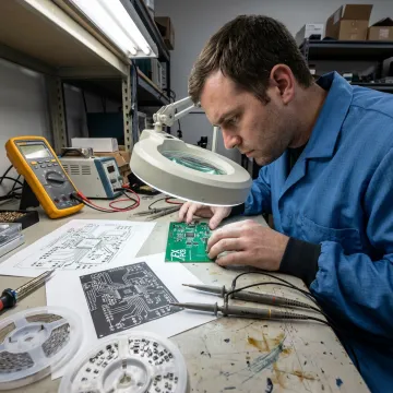 Engineer inspecting a prototype circuit board