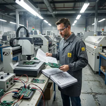 Engineer inspecting PCB assemblies during manufacturing