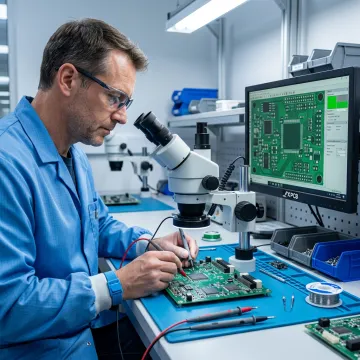 Technician inspecting PCBA quality on an electronics testing bench