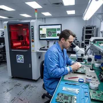 Technician inspecting assembled PCBs during quality control
