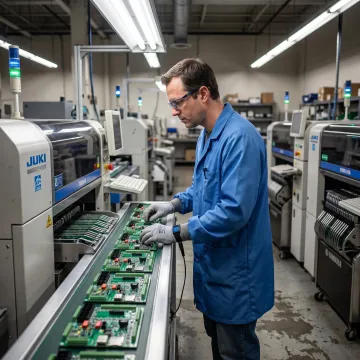 PCB assembly technician inspecting circuit boards