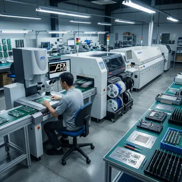PCB assembly technician inspecting circuit boards