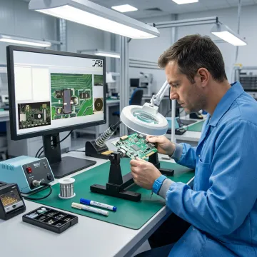 Technician inspecting a PCB assembly at an electronics workstation