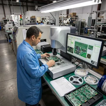 Technician inspecting SMT assembled PCBAs
