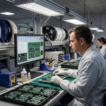 Technician inspecting PCBA assemblies