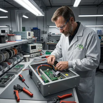 Technician assembling electronic PCB box build