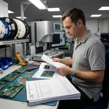 PCB engineer reviewing automotive circuit board testing