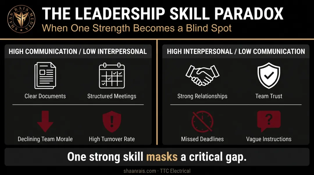 Two leadership scenarios showing high communication low interpersonal and vice versa outcomes