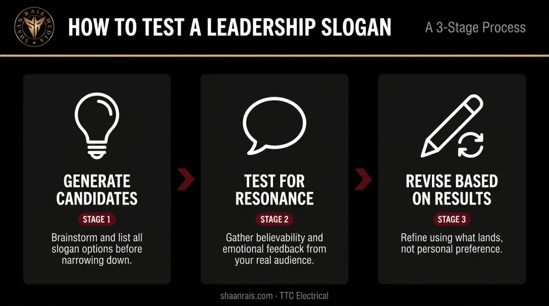 Three-step leadership slogan testing process from generation to audience feedback