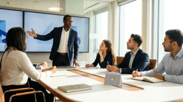 Confident leader standing before team in modern professional office setting