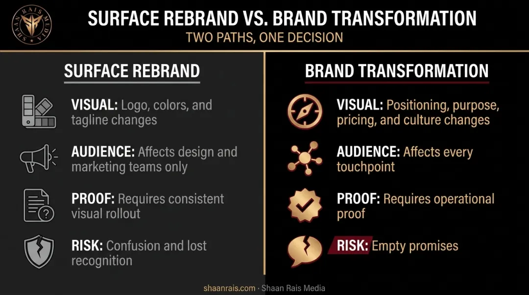 Surface rebrand versus brand transformation comparison chart differences