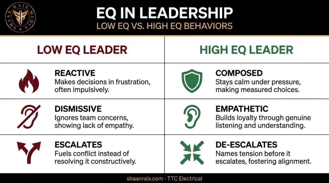 Low versus high emotional intelligence leadership behaviors side-by-side comparison infographic
