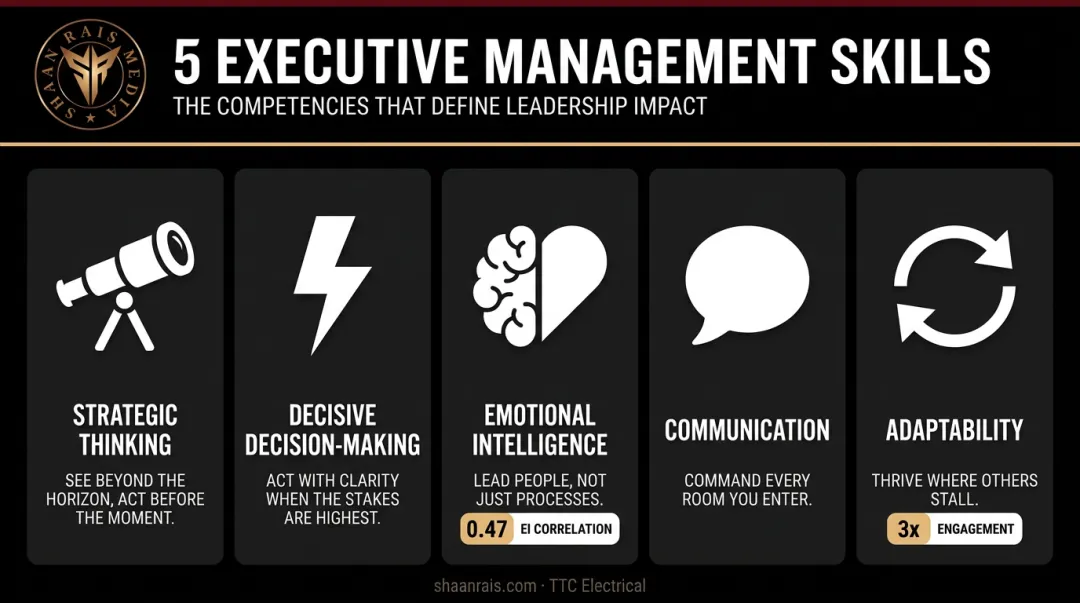Five essential executive leadership skills with key statistics and icons