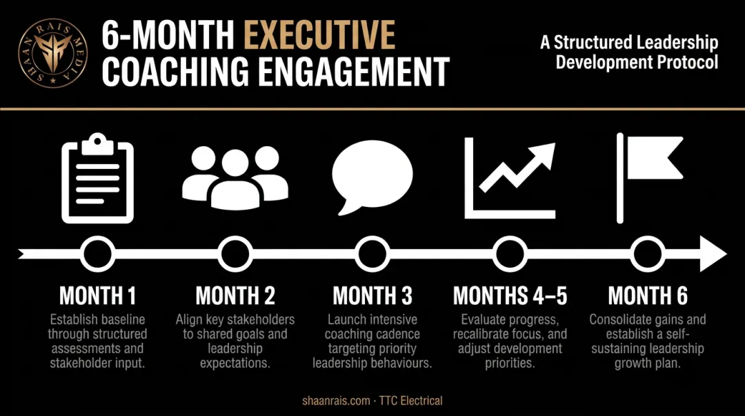 Six-month executive coaching engagement structure timeline with key milestones