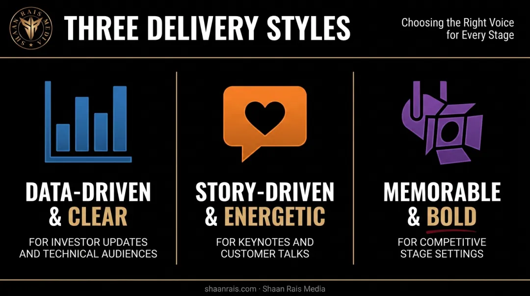 Three delivery styles matched to different speaking audiences and contexts