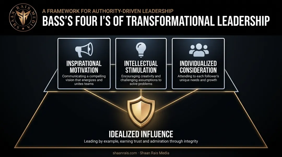 Four I's of transformational leadership framework with hierarchy diagram