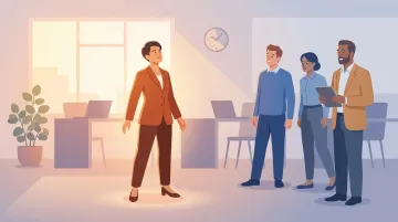 Professional standing visibly confident while colleagues recognize their expertise in office setting