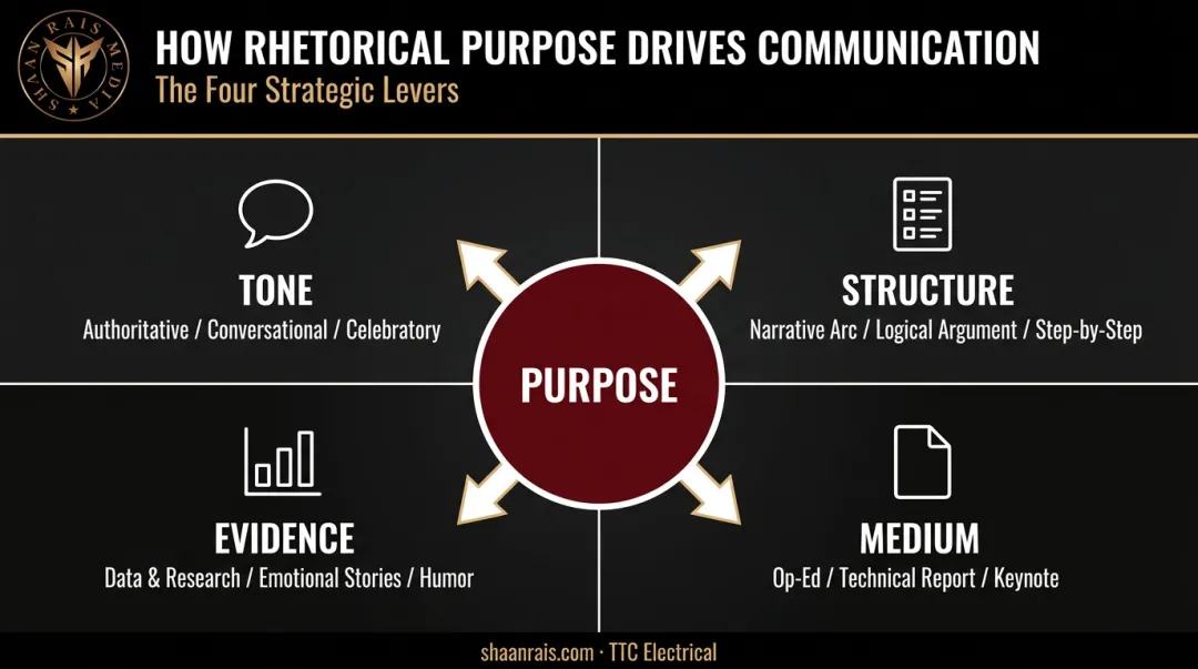 Rhetorical purpose shapes tone structure evidence and medium four-element breakdown infographic