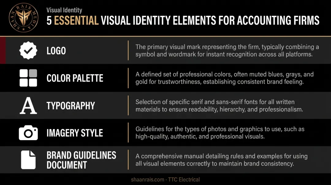 Five core visual identity elements for accounting firms reference table infographic