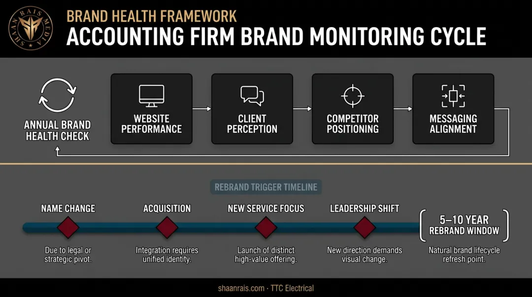 Accounting firm brand audit cycle showing annual review and rebrand timeline milestones