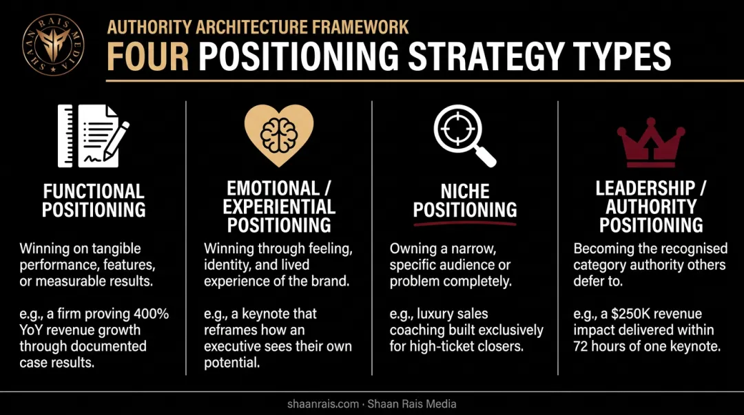 4 positioning strategy types functional emotional niche authority comparison