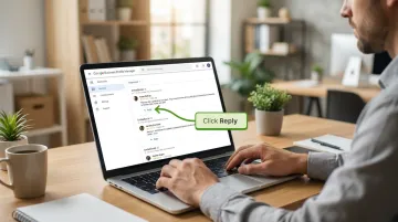 Contractor responding to Google Business Profile reviews on laptop computer