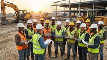 Construction job site crew receiving safety briefing from crew lead outdoors