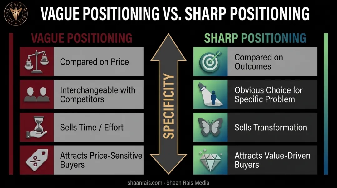 Vague versus sharp positioning comparison chart showing pricing and outcome differences
