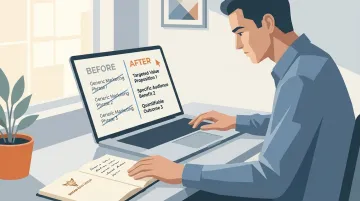 Professional reviewing career positioning mistakes on laptop in modern office