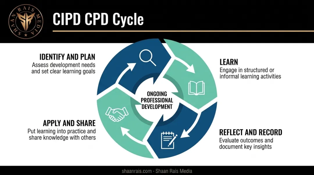 Four-stage CPD cycle framework identify learn reflect apply process flow