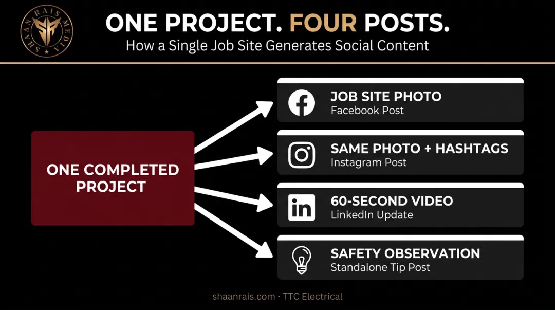 Single project content repurposing workflow across four social media platforms