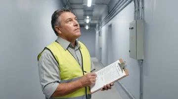 Facility manager reviewing electrical safety checklist on tablet at industrial site