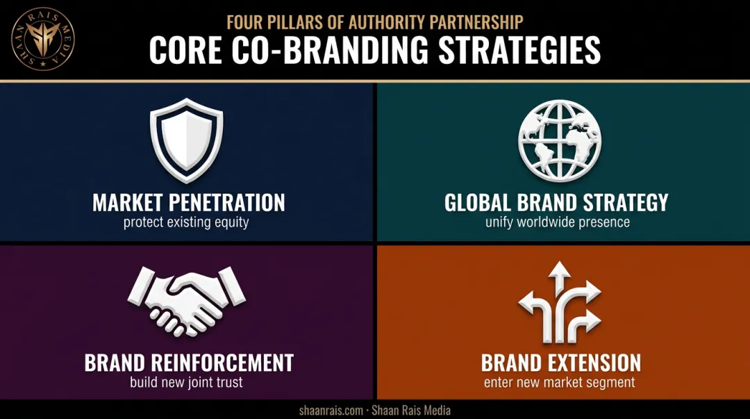 Four core co-branding strategies comparison chart with use cases
