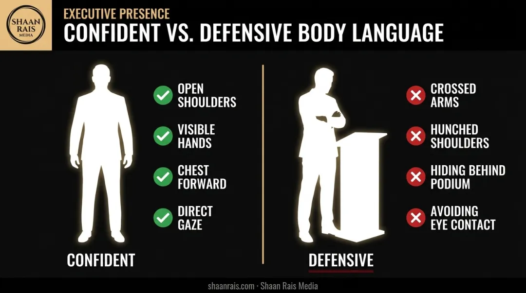 Confident versus defensive body language posture comparison for public speakers