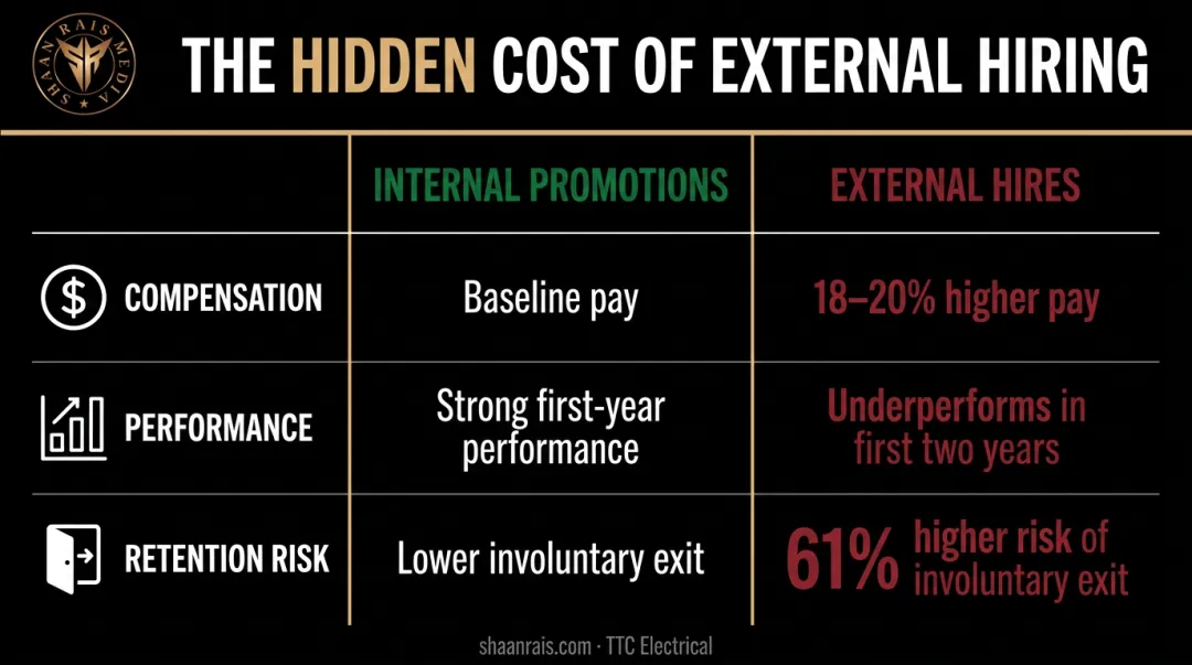 Internal promotions versus external hires performance cost and retention comparison infographic