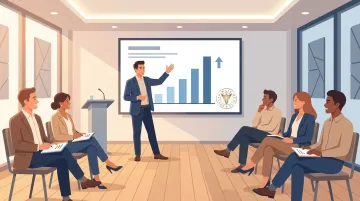 Confident business speaker presenting to engaged audience in modern conference room