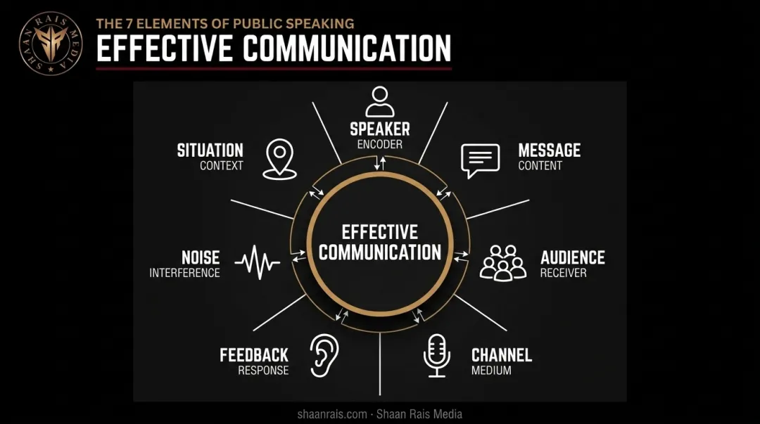 7 elements of public speaking framework diagram with speaker message audience channel
