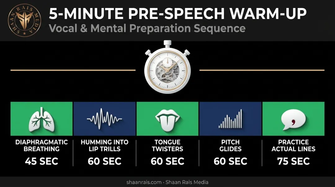 5-minute pre-speech vocal warm-up routine timeline breakdown