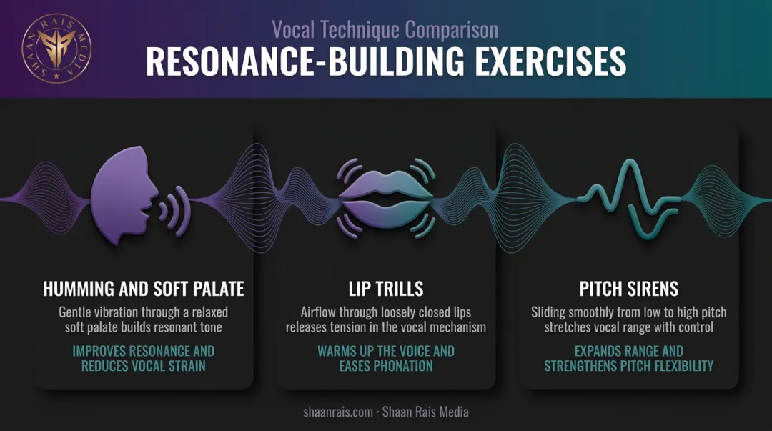 Resonance and projection exercises comparing humming lip trills and pitch sirens