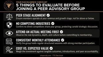 CEO peer advisory group selection criteria checklist with five key evaluation factors