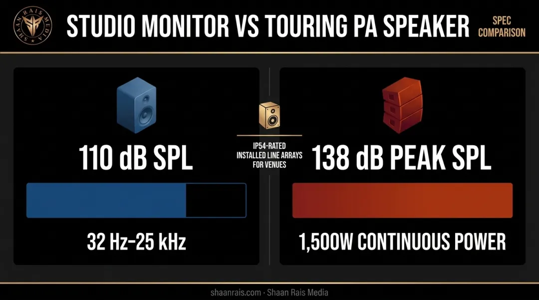 Studio monitor versus touring PA speaker specs comparison SPL and power