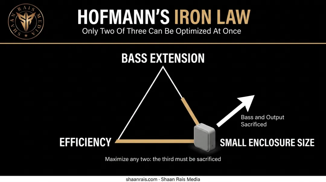 Hofmann's Iron Law triangle showing bass efficiency and size tradeoff