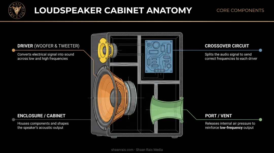 Loudspeaker anatomy diagram showing driver crossover enclosure and port components